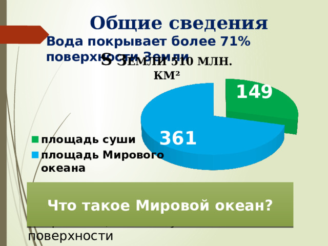 S  З ЕМЛИ 510 МЛН. КМ² Общие сведения Вода покрывает более 71% поверхности Земли При щелчке на прямоугольник (площадь суши и площадь Мирового океана) выделяются эти участки на карте. Мировой океан – огромная единая масса воды, водная оболочка, покрывающая бóльшую часть земной поверхности Что такое Мировой океан? 4 