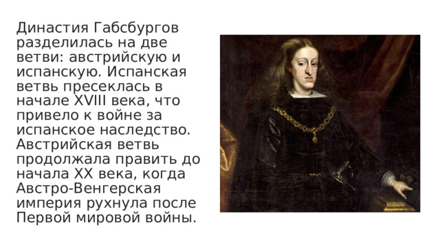 Династия Габсбургов разделилась на две ветви: австрийскую и испанскую. Испанская ветвь пресеклась в начале XVIII века, что привело к войне за испанское наследство. Австрийская ветвь продолжала править до начала XX века, когда Австро-Венгерская империя рухнула после Первой мировой войны. 