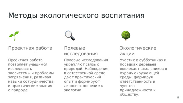Методы экологического воспитания Проектная работа Полевые исследования Экологические акции Проектная работа позволяет учащимся исследовать экосистемы и проблемы загрязнения, развивая навыки сотрудничества и практические знания о природе. Полевые исследования укрепляют связь с природой. Наблюдения в естественной среде дают практический опыт и формируют личное отношение к экологии. Участие в субботниках и посадках деревьев вовлекает школьников в охрану окружающей среды, формируя ответственность и чувство принадлежности к обществу.  