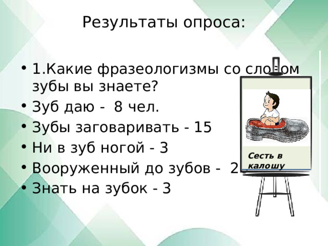 Результаты опроса:   1.Какие фразеологизмы со словом зубы вы знаете? Зуб даю - 8 чел. Зубы заговаривать - 15 Ни в зуб ногой - 3 Вооруженный до зубов - 20 Знать на зубок - 3 Сесть в калошу 