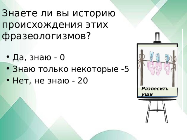 Знаете ли вы историю происхождения этих фразеологизмов? Да, знаю - 0 Знаю только некоторые -5 Нет, не знаю - 20 Развесить уши 