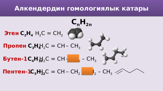 Алкендердин гомологиялык катары С n H 2n Этен С 2 Н 4 H 2 C = CH 2 Пропен С 3 Н 6 H 2 C = CH  – CH 3 С 4 Н 10 H 2 C = CH  – CH 2 – CH 3 Бутен-1 H 2 C = CH  – CH 2 – CH 2 – CH 3 С 5 Н 12 Пентен-1 