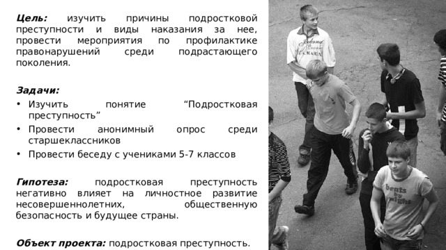 Цель: изучить причины подростковой преступности и виды наказания за нее, провести мероприятия по профилактике правонарушений среди подрастающего поколения.  Задачи:    Изучить понятие “Подростковая преступность”  Провести анонимный опрос среди старшеклассников   Провести беседу с учениками 5-7 классов  Гипотеза: подростковая преступность негативно влияет на личностное развитие несовершеннолетних, общественную безопасность и будущее страны. Объект проекта: подростковая преступность.  Предмет проекта: влияние подростковой преступности на общество.  Продукт проекта: информационный буклет  