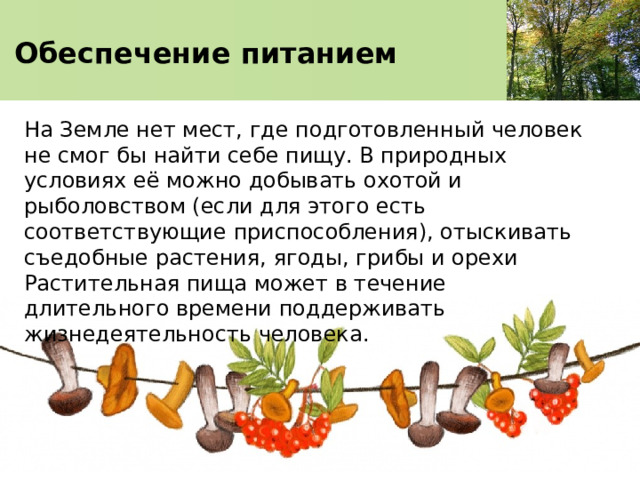   Обеспечение питанием    На Земле нет мест, где подготовленный человек не смог бы найти себе пищу. В природных условиях её можно добывать охотой и рыболовством (если для этого есть соответствующие приспособления), отыскивать съедобные растения, ягоды, грибы и орехи Растительная пища может в течение длительного времени поддерживать жизнедеятельность человека. 