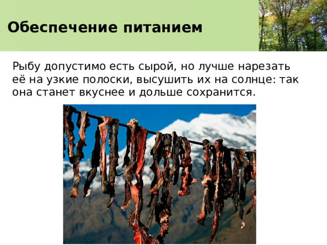   Обеспечение питанием    Рыбу допустимо есть сырой, но лучше нарезать её на узкие полоски, высушить их на солнце: так она станет вкуснее и дольше сохранится. 