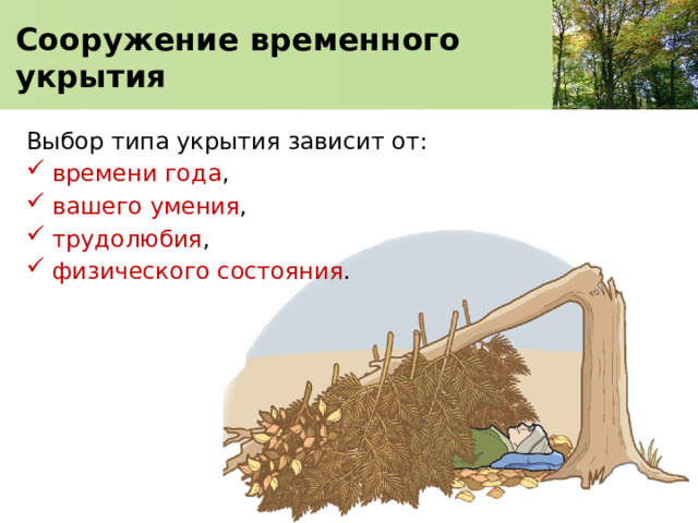  Сооружение временного укрытия   Выбор типа укрытия зависит от: времени года , вашего  умения , трудолюбия , физического состояния . 