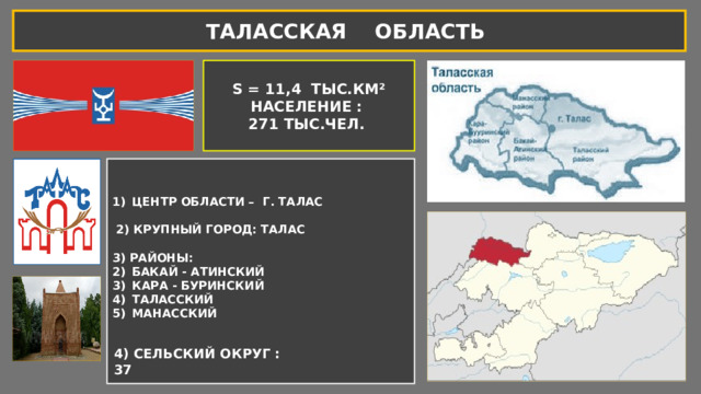 ТАЛАССКАЯ ОБЛАСТЬ S = 11,4 ТЫС.КМ² НАСЕЛЕНИЕ : 271 ТЫС.ЧЕЛ. ЦЕНТР ОБЛАСТИ – Г. ТАЛАС   2) КРУПНЫЙ ГОРОД: ТАЛАС  3) РАЙОНЫ: БАКАЙ - АТИНСКИЙ КАРА - БУРИНСКИЙ ТАЛАССКИЙ МАНАССКИЙ   4) СЕЛЬСКИЙ ОКРУГ : 37 