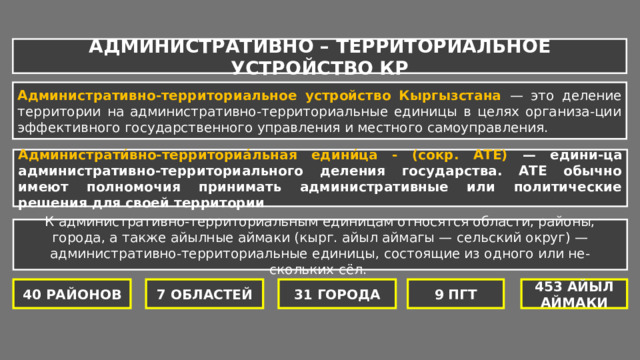 АДМИНИСТРАТИВНО – ТЕРРИТОРИАЛЬНОЕ УСТРОЙСТВО КР Административно-территориальное устройство Кыргызстана — это деление территории на административно-территориальные единицы в целях организа-ции эффективного государственного управления и местного самоуправления. Администрати́вно-территориа́льная едини́ца - (сокр. АТЕ) — едини-ца административно-территориального деления государства. АТЕ обычно имеют полномочия принимать административные или политические решения для своей территории К административно-территориальным единицам относятся области, районы, города, а также айылные аймаки (кырг. айыл аймагы — сельский округ) — административно-территориальные единицы, состоящие из одного или не-скольких сёл. 40 РАЙОНОВ 7 ОБЛАСТЕЙ 31 ГОРОДА 9 ПГТ 453 АЙЫЛ АЙМАКИ 