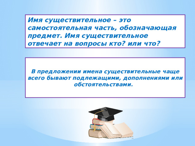 Имя существительное – это самостоятельная часть, обозначающая предмет. Имя существительное отвечает на вопросы кто? или что? В предложении имена существительные чаще всего бывают подлежащими, дополнениями или обстоятельствами. 