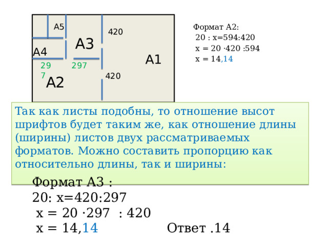  А1  Формат А2:  20 : х=594:420  х = 20 ·420 :594  х = 14 ,14 А5 420 А3 А4 297 297 420 А2 Так как листы подобны, то отношение высот шрифтов будет таким же, как отношение длины (ширины) листов двух рассматриваемых форматов. Можно составить пропорцию как относительно длины, так и ширины :   Формат А3 :  20: х=420:297  х = 20 ·297 : 420  х = 14, 14 Ответ .14 