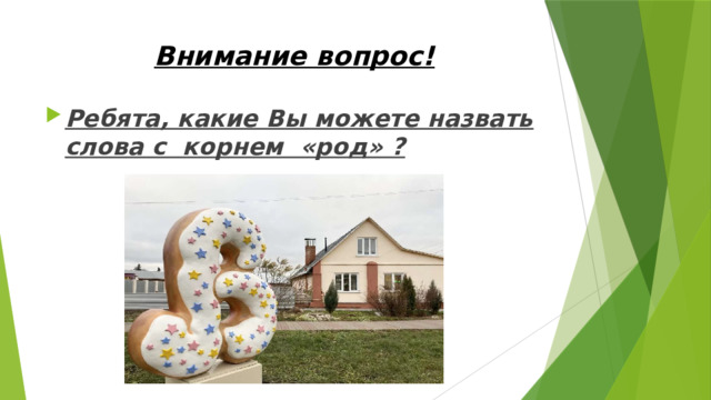  Внимание вопрос! Ребята, какие Вы можете назвать слова с корнем «род» ? 