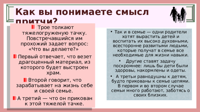 Как вы понимаете смысл притчи?  Трое толкают тяжелогруженую тачку. Повстречавшийся им прохожий задает вопрос: «Что вы делаете?» Первый отвечает, что везет драгоценный материал, из которого будет выстроен храм. Второй говорит, что зарабатывает на жизнь себе и своей семье. А третий — что он прикован к этой тяжелой тачке. Так и в семье — одни родители хотят вырастить детей и воспитать их высоко духовными, всесторонне развитыми людьми, которые получат в семье все необходимые для жизни навыки. Другие ставят задачу поскромнее: лишь бы дети были здоровы, накормлены и одеты.  А третьи равнодушны к детям, будто прикованы к семье цепями. В первом и во втором случае семьи много работают, заботясь о своих близких. 