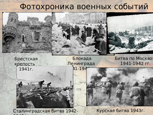Фотохроника военных событий Фотохроника военных событий Битва по Москвой Блокада Ленинграда 1941-1944 гг. 1941-1942 гг. Брестская крепость 1941г. Курская битва 1943г. Сталинградская битва 1942-1943 гг. 