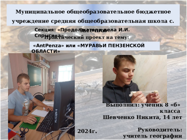 Муниципальное общеобразовательное бюджетное учреждение средняя общеобразовательная школа с. Засечное Секция:  «Продолжатели дела И.И. Спрыгина»  Практический проект на тему:   «AntPenza» или «МУРАВЬИ ПЕНЗЕНСКОЙ ОБЛАСТИ» Выполнил: ученик 8 «б» класса Шевченко Никита, 14 лет  Руководитель:  учитель географии Палаева Н. В. 2024г .  