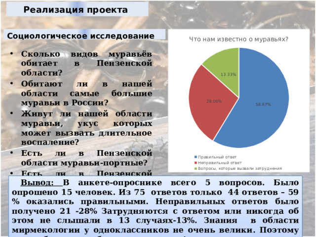 Реализация проекта Социологическое исследование Сколько видов муравьёв обитает в Пензенской области? Обитают ли в нашей области самые большие муравьи в России? Живут ли нашей области муравьи, укус которых может вызвать длительное воспаление? Есть ли в Пензенской области муравьи-портные? Есть ли в Пензенской области хотя бы один краснокнижный вид муравьёв?  Вывод: В анкете-опроснике всего 5 вопросов. Было опрошено 15 человек. Из 75 ответов только 44 ответов – 59 % оказались правильными. Неправильных ответов было получено 21 -28% Затрудняются с ответом или никогда об этом не слышали в 13 случаях-13%. Знания в области мирмекологии у одноклассников не очень велики. Поэтому моя работа имеет большое значение! 