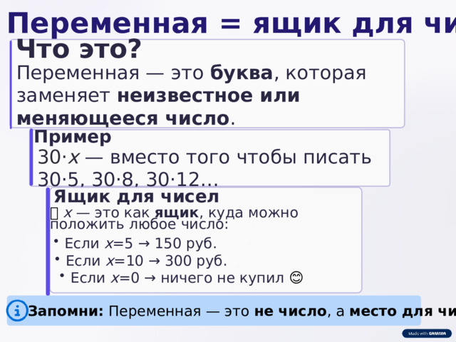  Переменная = ящик для числа Что это? Переменная — это буква , которая заменяет неизвестное или меняющееся число . Пример 30⋅ x — вместо того чтобы писать 30·5, 30·8, 30·12… Ящик для чисел 👉  x — это как ящик , куда можно положить любое число: Если x =5 → 150 руб. Если x =10 → 300 руб. Если x =0 → ничего не купил 😊 Запомни: Переменная — это не число , а место для числа . 