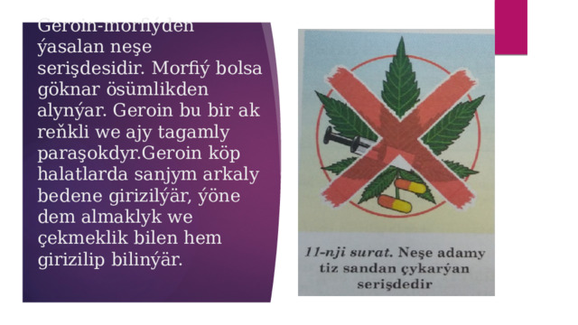 Geroin-morfiýden ýasalan neşe serişdesidir. Morfiý bolsa göknar ösümlikden alynýar. Geroin bu bir ak reňkli we ajy tagamly paraşokdyr.Geroin köp halatlarda sanjym arkaly bedene girizilýär, ýöne dem almaklyk we çekmeklik bilen hem girizilip bilinýär. 