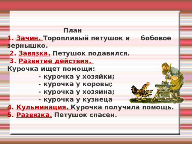  План  1. Зачин. Торопливый петушок и бобовое зернышко.  2. Завязка.  Петушок подавился.   3. Развитие действия. Курочка ищет помощи:  - курочка у хозяйки;  - курочка у коровы;  - курочка у хозяина;  - курочка у кузнеца  4. Кульминация. Курочка получила помощь.  5. Развязка.  Петушок спасен. 