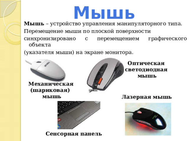 Мышь Мышь  – устройство управления манипуляторного типа. Перемещение мыши по плоской поверхности синхронизировано с перемещением графического объекта (указателя мыши) на экране монитора. Оптическая светодиодная мышь Механическая (шариковая)  мышь Лазерная мышь Сенсорная панель 
