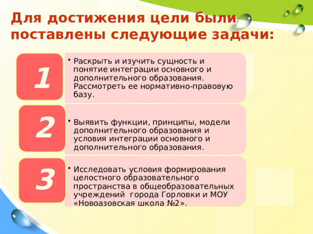 Раскрыть и изучить сущность и понятие интеграции основного и дополнительного образования. Рассмотреть ее нормативно-правовую базу. Раскрыть и изучить сущность и понятие интеграции основного и дополнительного образования. Рассмотреть ее нормативно-правовую базу. Выявить функции, принципы, модели дополнительного образования и условия интеграции основного и дополнительного образования. Выявить функции, принципы, модели дополнительного образования и условия интеграции основного и дополнительного образования. Исследовать условия формирования целостного образовательного пространства в общеобразовательных учреждений города Горловки и МОУ «Новоазовская школа №2». Исследовать условия формирования целостного образовательного пространства в общеобразовательных учреждений города Горловки и МОУ «Новоазовская школа №2». Для достижения цели были поставлены следующие задачи:   1 2 3 