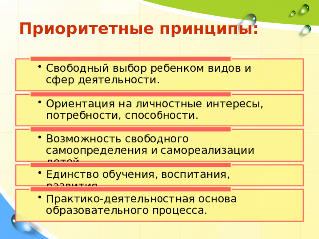 Приоритетные принципы: Свободный выбор ребенком видов и сфер деятельности. Свободный выбор ребенком видов и сфер деятельности. Ориентация на личностные интересы, потребности, способности. Ориентация на личностные интересы, потребности, способности. Возможность свободного самоопределения и самореализации детей. Возможность свободного самоопределения и самореализации детей. Единство обучения, воспитания, развития. Единство обучения, воспитания, развития. Практико-деятельностная основа образовательного процесса. Практико-деятельностная основа образовательного процесса. 