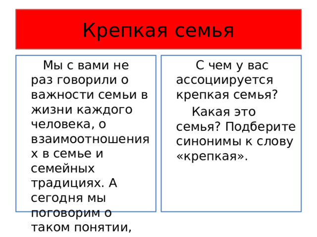 Крепкая семья  Мы с вами не раз говорили о важности семьи в жизни каждого человека, о взаимоотношениях в семье и семейных традициях. А сегодня мы поговорим о таком понятии, как крепкая семья.  С чем у вас ассоциируется крепкая семья?  Какая это семья? Подберите синонимы к слову «крепкая». 