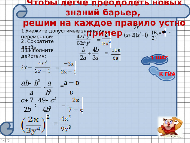 . Чтобы легче преодолеть новых знаний барьер,  решим на каждое правило устно пример .  1.Укажите допустимые значения переменной: ( R ,х -2) = 2. Сократите дробь: 3.Выполните действия: = 1 ШАГ = К ГИА  = = = 