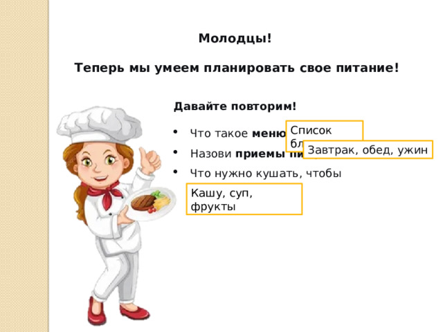 Молодцы! Теперь мы умеем планировать свое питание! Давайте повторим! Что такое  меню ? Назови  приемы пищи . Что нужно кушать, чтобы быть  здоровым ? Список блюд Завтрак, обед, ужин Кашу, суп, фрукты 
