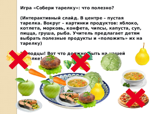 Игра «Собери тарелку»: что полезно? (Интерактивный слайд. В центре – пустая тарелка. Вокруг – картинки продуктов: яблоко, котлета, морковь, конфета, чипсы, капуста, суп, пицца, груша, рыба. Учитель предлагает детям выбрать полезные продукты и «положить» их на тарелку) Молодцы! Вот что должно быть на нашей тарелке! 