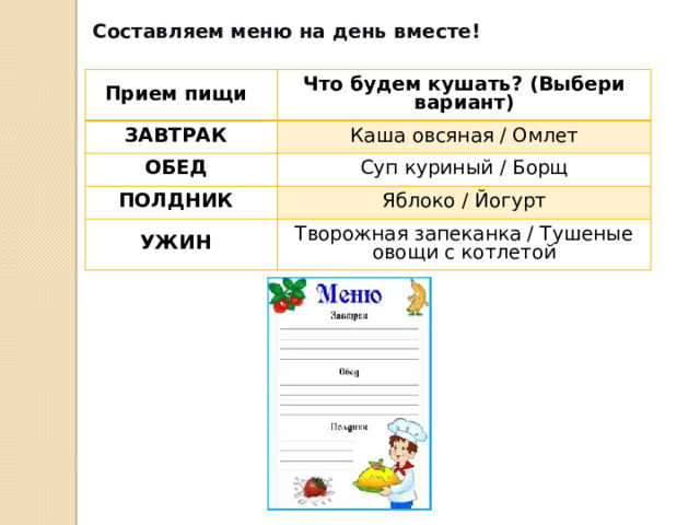 Составляем меню на день вместе! Прием пищи Что будем кушать? (Выбери вариант) ЗАВТРАК Каша овсяная / Омлет ОБЕД Суп куриный / Борщ ПОЛДНИК Яблоко / Йогурт УЖИН Творожная запеканка / Тушеные овощи с котлетой 