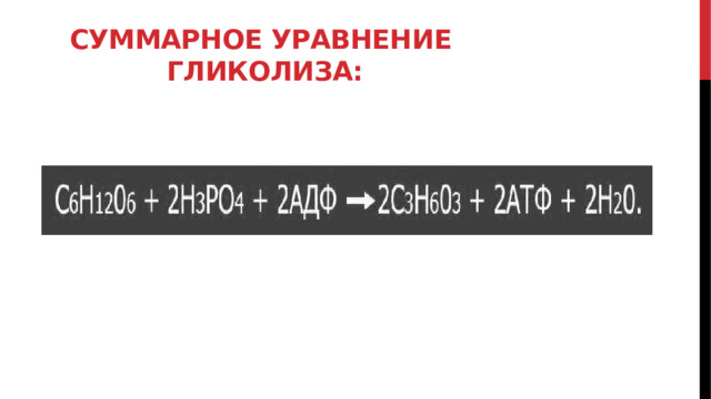 Суммарное уравнение  гликолиза: 