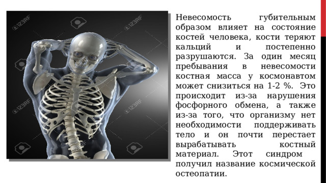 Невесомость губительным образом влияет на состояние костей человека, кости теряют кальций и постепенно разрушаются. За один месяц пребывания в невесомости костная масса у космонавтом может снизиться на 1-2 %. Это происходит из-за нарушения фосфорного обмена, а также из-за того, что организму нет необходимости поддерживать тело и он почти перестает вырабатывать костный материал. Этот синдром получил название космической остеопатии. 