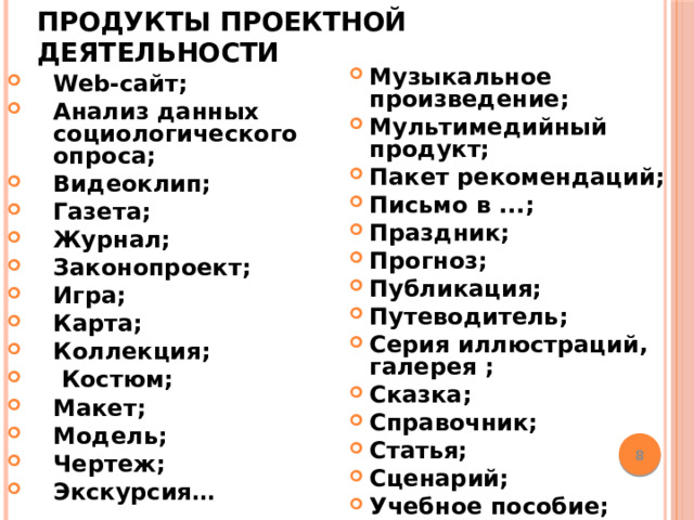 Продукты проектной деятельности Музыкальное произведение; Мультимедийный продукт; Пакет рекомендаций; Письмо в ...; Праздник; Прогноз; Публикация; Путеводитель; Серия иллюстраций, галерея ; Сказка; Справочник; Статья; Сценарий; Учебное пособие;  Web-сайт; Анализ данных социологического опроса; Видеоклип; Газета; Журнал; Законопроект; Игра; Карта; Коллекция;  Костюм; Макет; Модель; Чертеж; Экскурсия…   