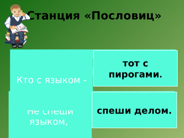 Станция «Пословиц»   Кто с языком - тот с деньгами . тот с умом . тот умный . тот с пирогами . тот с пирогами . Не спеши языком, спеши руками. спеши ногами. спеши делом. спеши головой. спеши делом. 