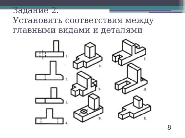 Задание 2.  Установить соответствия между главными видами и деталями 8 