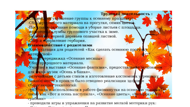  Трудовая деятельность :  -Совместное украшение группы к осеннему празднику.  -Сбор природного материала на прогулке, семян цветов.  -Посильное оказание помощи в уборке листьев с площадки.  -подготовка клумбы группового участка к зиме.  -укрывание корней деревьев опавшей листвой.  -Сбор и оформление гербария.  Взаимодействие с родителями  -Консультация для родителей «Как сделать осеннюю прогулку интересной»  -Папка-передвижка «Осенние месяцы»  -Сбор природного материала.  -Участие в выставке «Осенние фантазии», предоставление экспонатов для мини-музея «Осень в банке».  -разучивание с детьми стихов и изготовление костюмов к утреннику. Важное место в проекте было отведено реализации здоровье сберегающих технологий: - разучили и использовали в работе физминутки на осеннюю тематику такие как «Вот и осень наступила», «Осенние цветы», «Ветерок», «За грибами» - проводили игры и упражнения на развитие мелкой моторики рук: «Осень», «Осенние листья», «Птицы» 