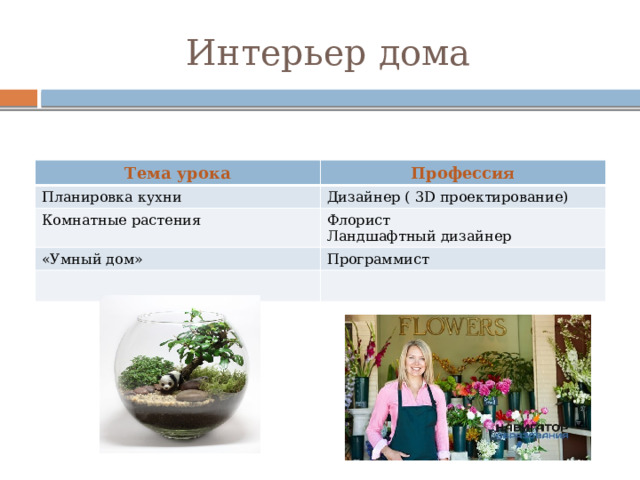 Интерьер дома Тема урока Профессия Планировка кухни Дизайнер ( 3D проектирование) Комнатные растения Флорист «Умный дом» Ландшафтный дизайнер Программист 
