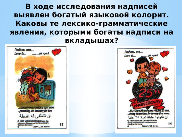 В ходе исследования надписей выявлен богатый языковой колорит. Каковы те лексико-грамматические явления, которыми богаты надписи на вкладышах?   
