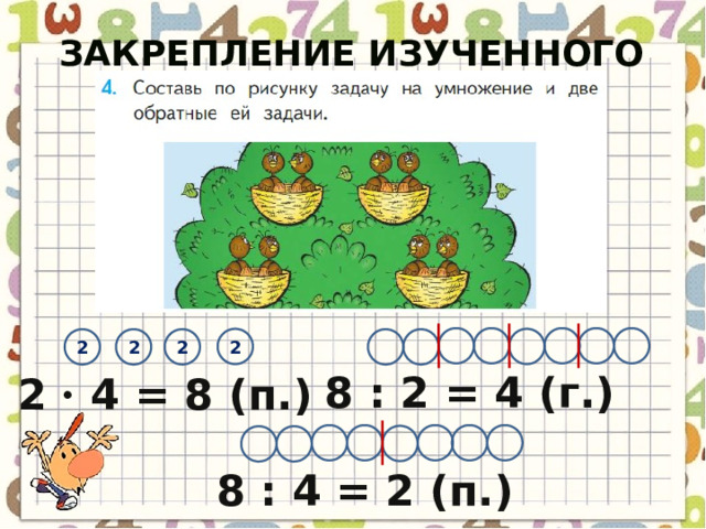 Закрепление изученного материала      2    2 2 2 8 :  2 = 4 (г.) 2 · 4 = 8 (п.)         8 :  4 = 2 (п.) 