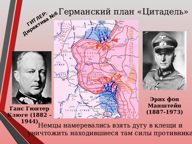 ГИТЛЕР: Директива №6 Германский план «Цитадель»   Эрих фон Манштейн (1887-1973) Ганс Гюнтер Клюге (1882 – 1944) Немцы намеревались взять дугу в клещи и уничтожить находившиеся там силы противника 