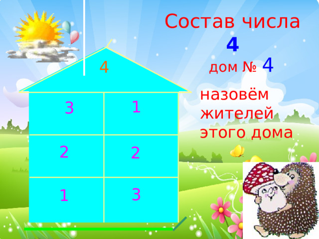 Состав числа 4 дом № 4 4 назовём жителей этого дома 1 3 2 2 3 1 