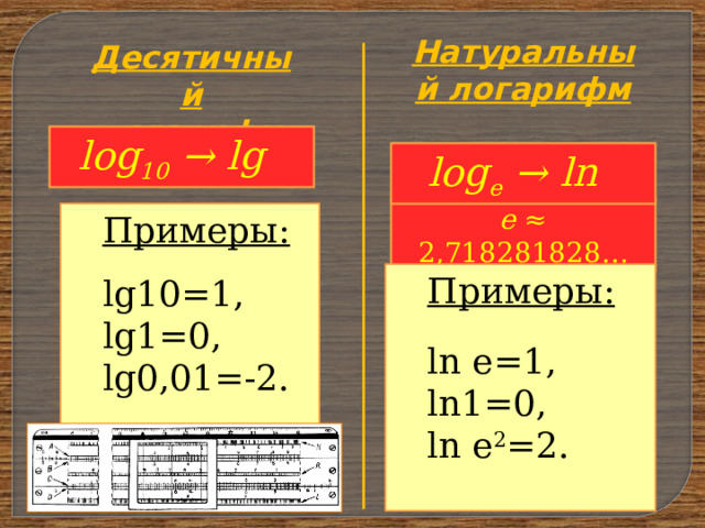Натуральный логарифм Десятичный логарифм log 10 → lg  log e → ln    ( ) е ≈ 2,718281828… Примеры:  lg 10=1, lg 1=0, lg 0,01= -2. Примеры: ln e =1, ln 1=0, ln e 2 = 2. 