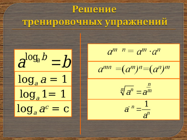log а а = 1 log а 1= 1 log а а с  = с 
