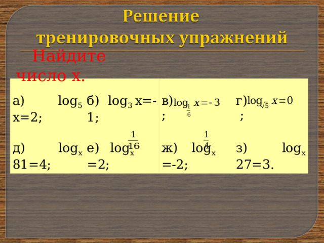 Найдите число х. а) log 5 х=2; б) log 3 х=-1; д) log х 81=4; е) log х    =2; в)    ; г)    ; ж) log х  =-2; з) log х 27=3. 