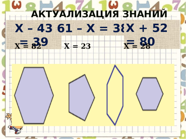 Актуализация знаний Х + 52 = 80 Х – 43 = 39 61 – Х = 38 Х = 82 Х = 23 Х = 28 