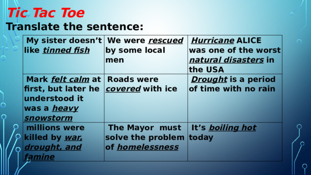 Tic Tac Toe Translate the sentence:   My sister doesn’t like tinned fish   We were rescued by some local men   Mark felt calm at first, but later he understood it was a heavy snowstorm   Hurricane ALICE was one of the worst natural disasters in the USA   Roads were covered with ice   millions were killed by war, drought, and famine   Drought is a period of time with no rain   The Mayor must solve the problem of homelessness   It’s boiling hot today 