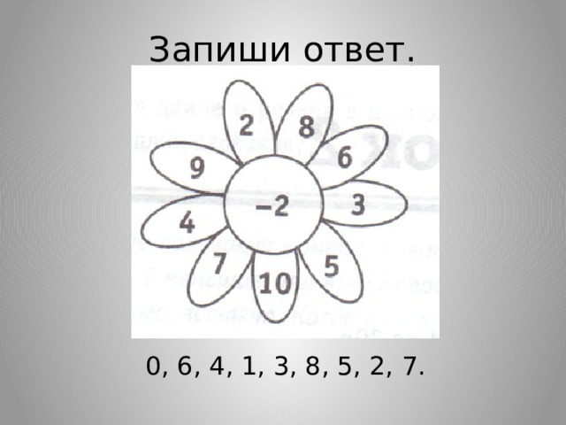 Запиши ответ. 0, 6, 4, 1, 3, 8, 5, 2, 7. 