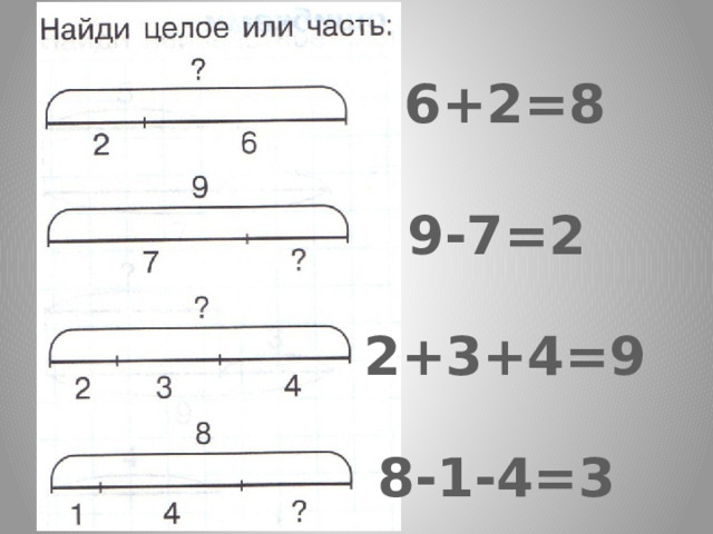 6+2=8 9-7=2 2+3+4=9 8-1-4=3 