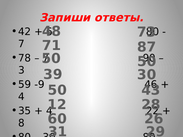 Запиши ответы. 48 73 42 + 6 80 - 7 78 – 7 90 – 3 59 -9 46 + 4 35 + 4 22 + 8 80 – 30 80 – 37 52 – 40 40 - 12 78 – 18 50 – 24 66 – 35 100 – 71 71 87 50 50 39 30 50 43 12 28 26 60 31 29 