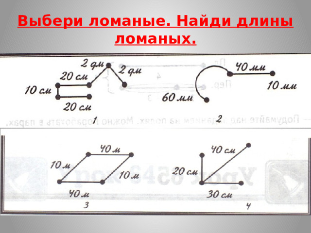 Выбери ломаные. Найди длины ломаных. 